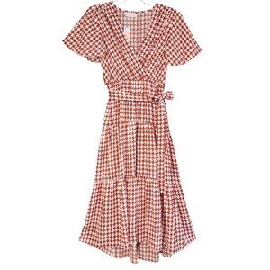 C+D+M Midi Dress Women's S Red White Wrap Over Bust Cottagecore Peasant Cowgirl